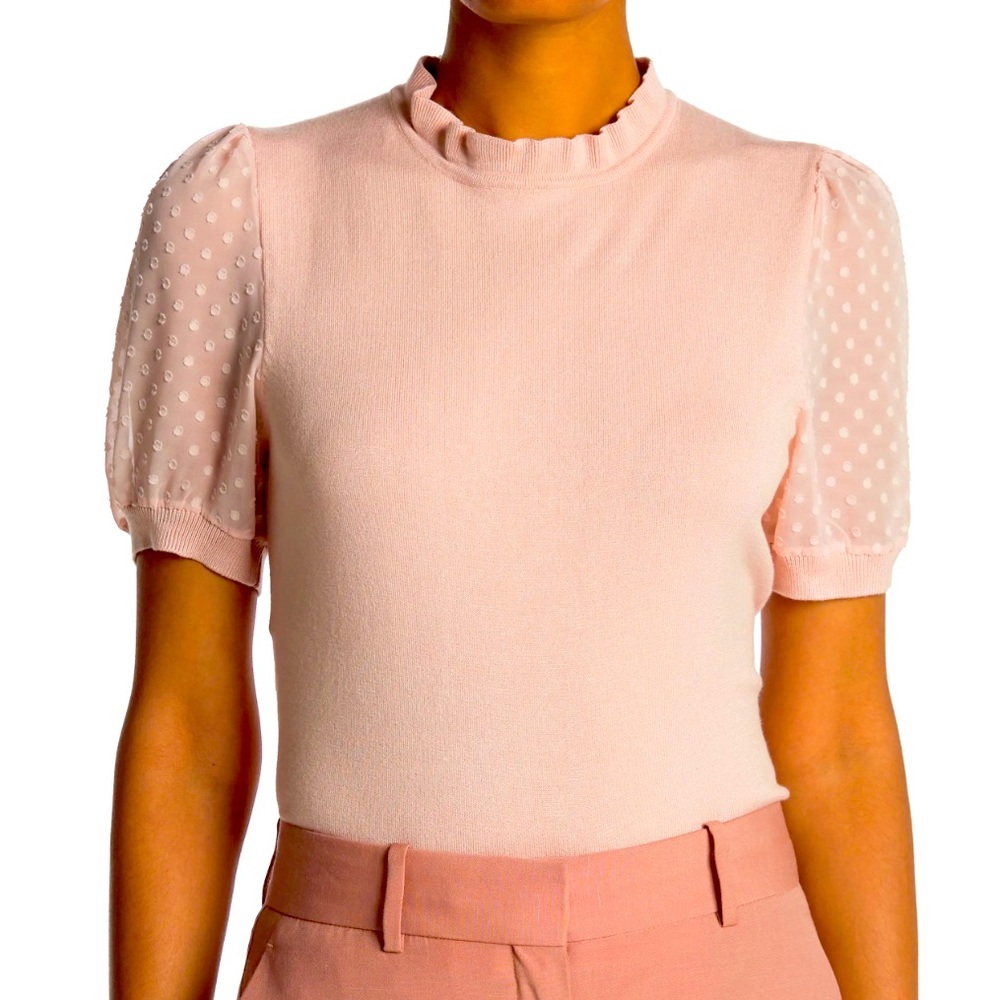 Short Puff Sleeve Sweater Top In Light/pastel PinkXL